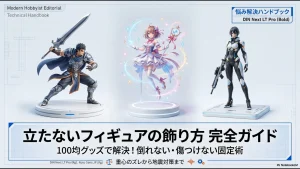 フィギュアの転倒防止対策をまとめた完全マニュアルの表紙。スタイリッシュな女性キャラクターフィギュアの画像。