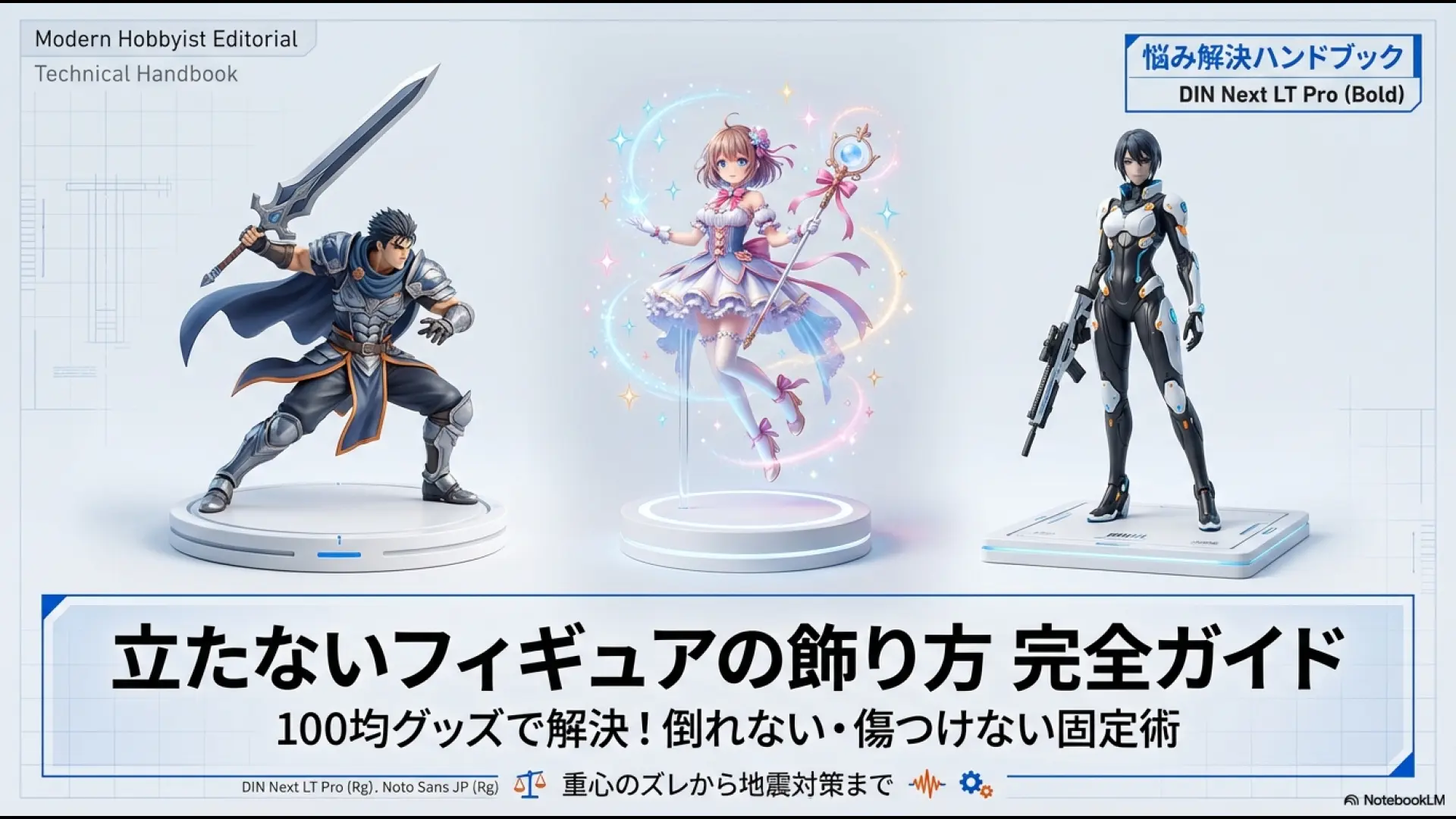 フィギュアの転倒防止対策をまとめた完全マニュアルの表紙。スタイリッシュな女性キャラクターフィギュアの画像。