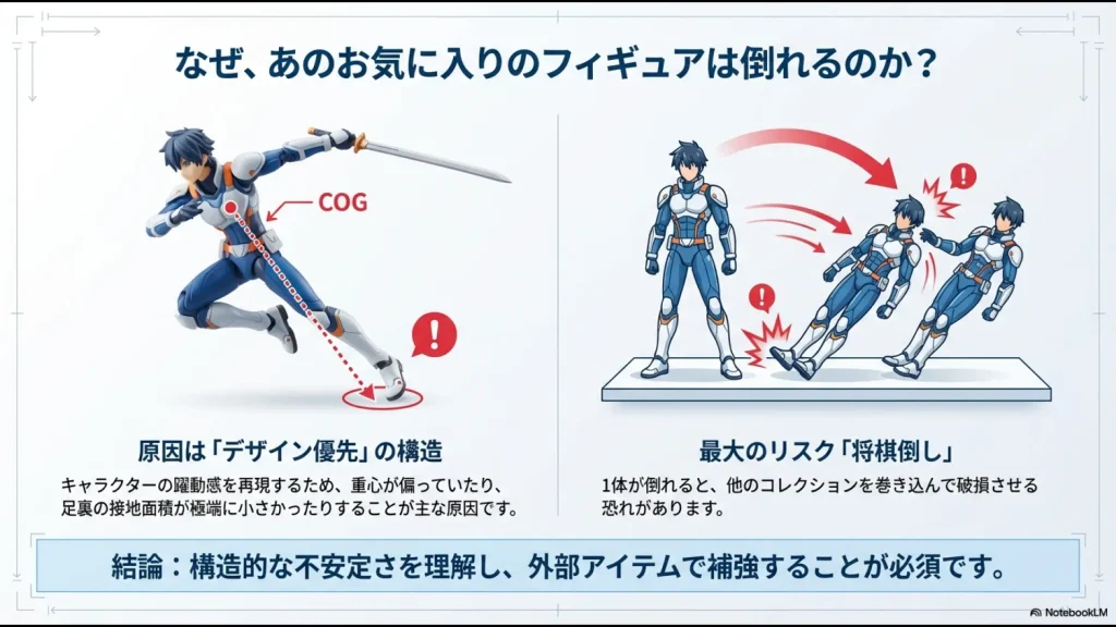 フィギュアの重心（COG）のズレと、1体が倒れることで発生する「将棋倒し」のリスクを図解したイラスト。