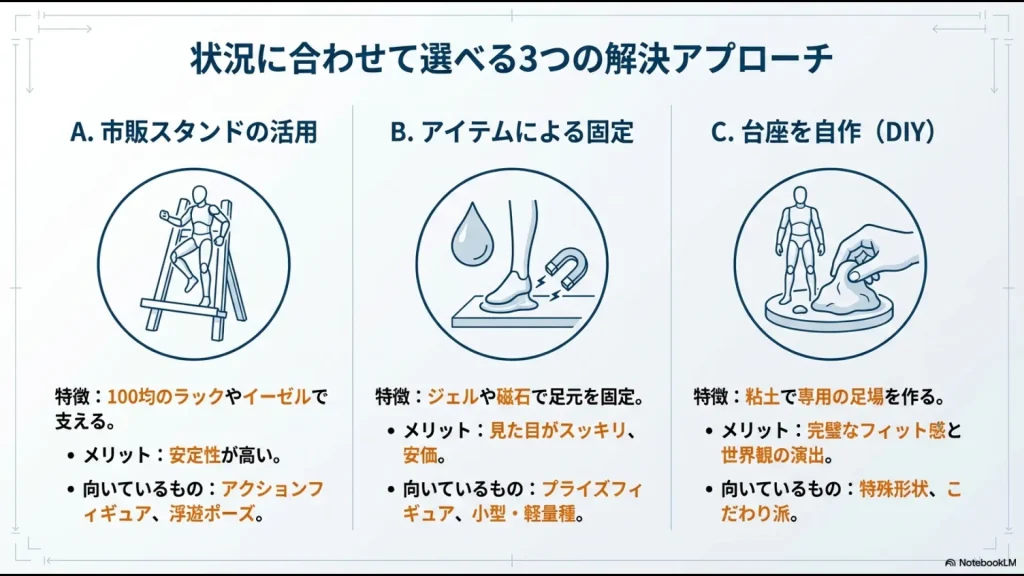 市販スタンド、アイテム固定、台座自作の3つの解決方法とそれぞれのメリットを比較した図解。