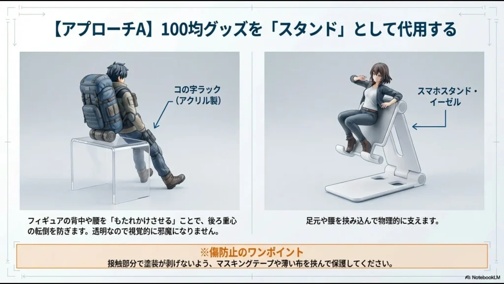 アクリル製コの字ラックやスマホスタンドを使い、フィギュアの背中や腰を支えて自立させる例。