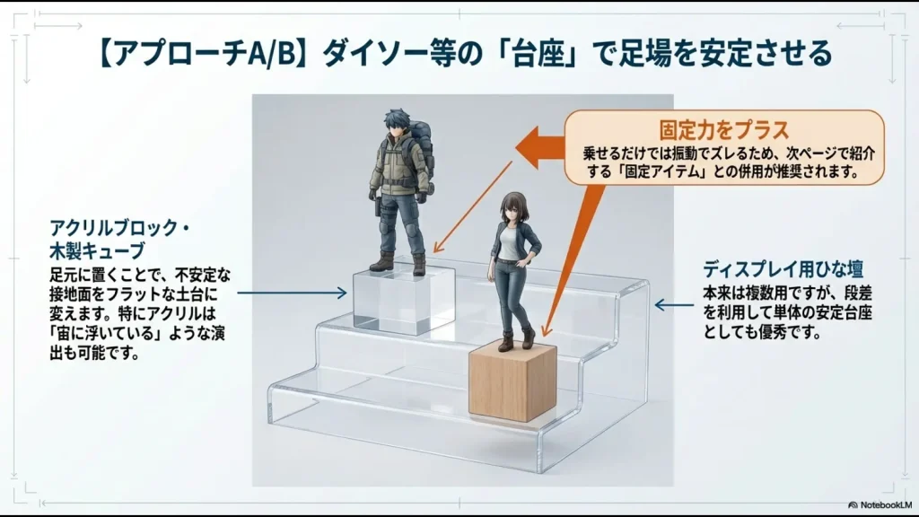 アクリルブロック、木製キューブ、ディスプレイ用ひな壇をフィギュアの土台として活用する例。