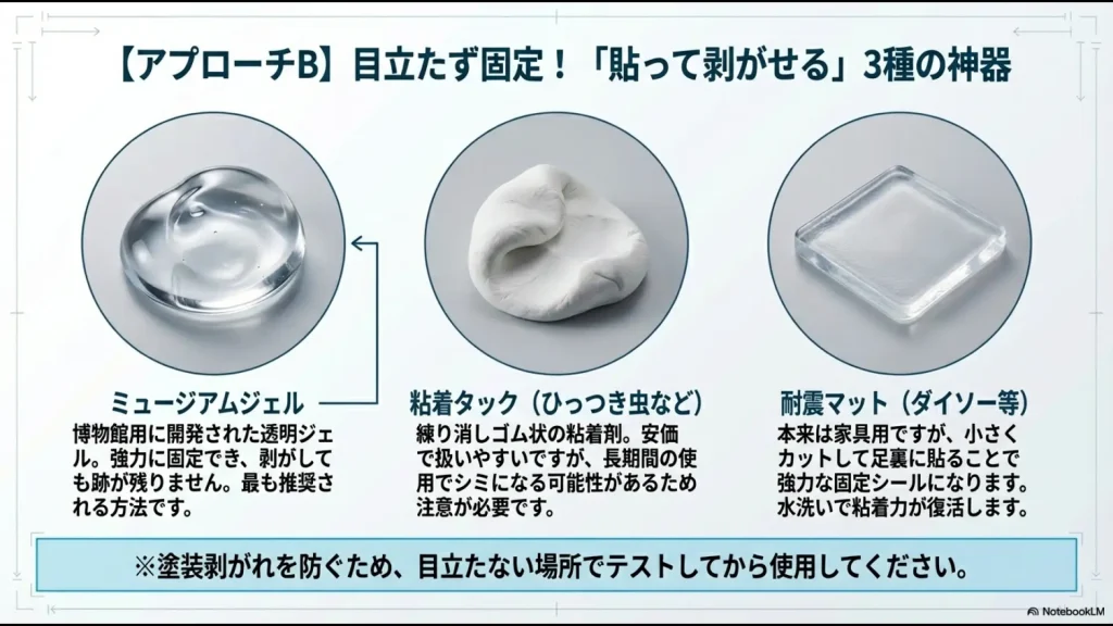 ミュージアムジェル、粘着タック、耐震マットの特徴と、フィギュア固定への活用法を比較した図。