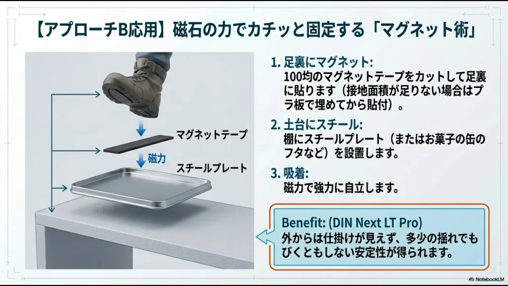 フィギュアの足裏にマグネットを貼り、土台のスチールプレートに吸着させて自立させる仕組みの図解。