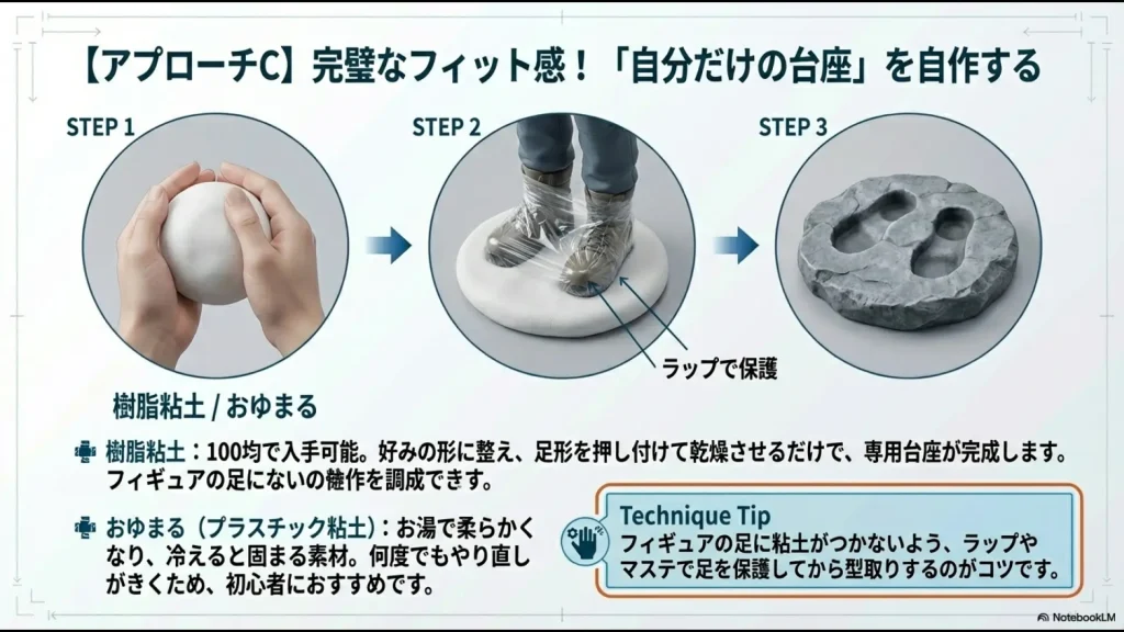 フィギュアの足をラップで保護し、粘土に足形を押し付けて専用台座を自作する3ステップの解説画像。