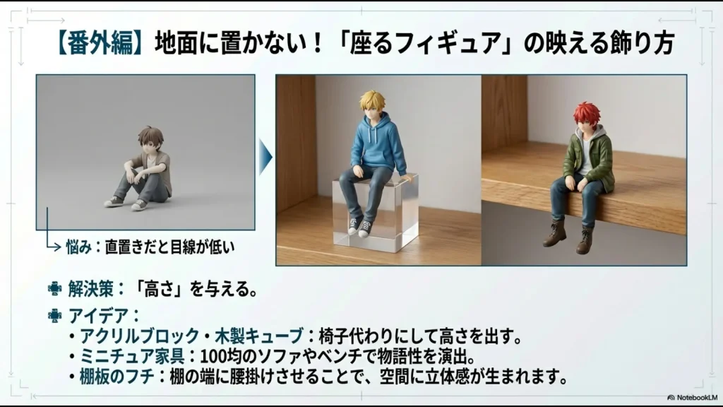 アクリルブロックやミニチュア家具、棚板のフチを活用して座るフィギュアに高さを出すディスプレイ例。