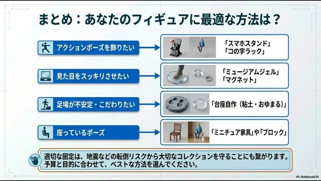 フィギュアのポーズや目的に合わせて、どの固定方法（スタンド・ジェル・自作など）を選ぶべきかを示した診断チャート風の図。