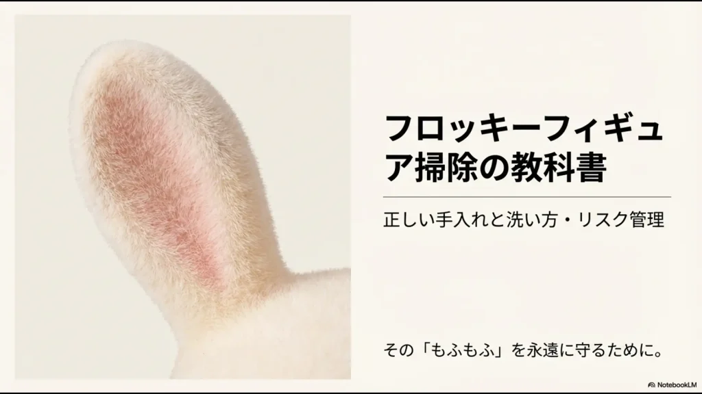 フロッキーフィギュアの正しい手入れと洗い方のポイントを解説するスライド資料の表紙