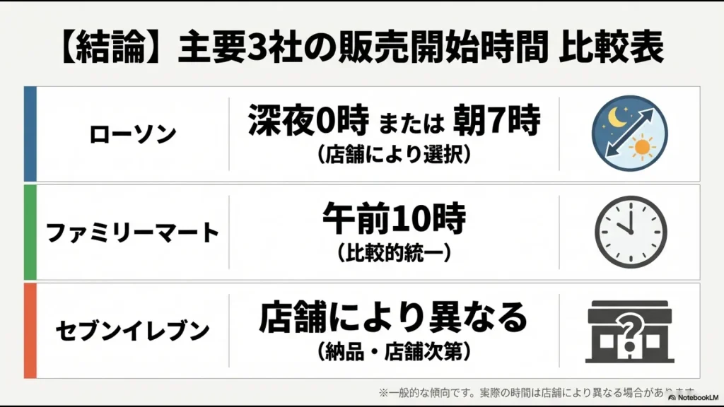 ローソン（0時または7時）、ファミリーマート（10時）、セブンイレブン（店舗により異なる）の開始時間をまとめた比較表