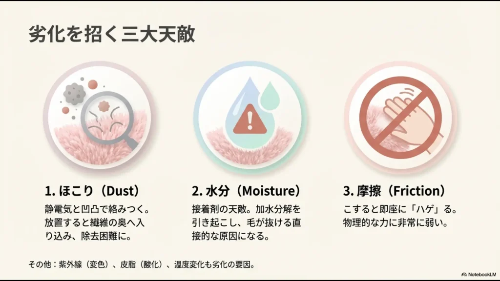 フロッキーフィギュアの天敵である「ほこり」「水分」「摩擦」の3要素とその影響をまとめた解説スライド