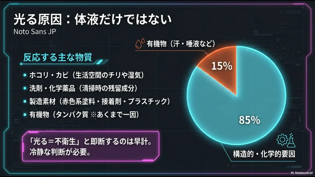 反応する物質の割合(有機物15%、構造的・化学的要因85%)と主な原因(ホコリ、塗料、接着剤など)の円グラフ