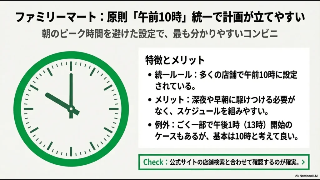 ファミリーマートの一番くじが原則午前10時に統一されており、スケジュールを立てやすいことを説明するスライド