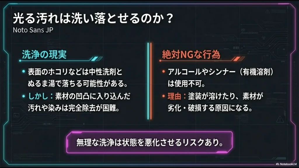 中性洗剤は可だがアルコール・シンナーは絶対NG。素材劣化のリスクを説明したガイド