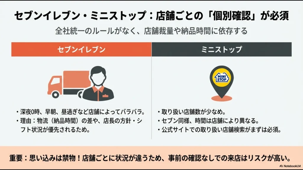 セブンイレブンやミニストップは統一ルールがなく、店舗ごとの納品時間や店長の判断で時間が決まるため事前確認が必須であることを示すスライド