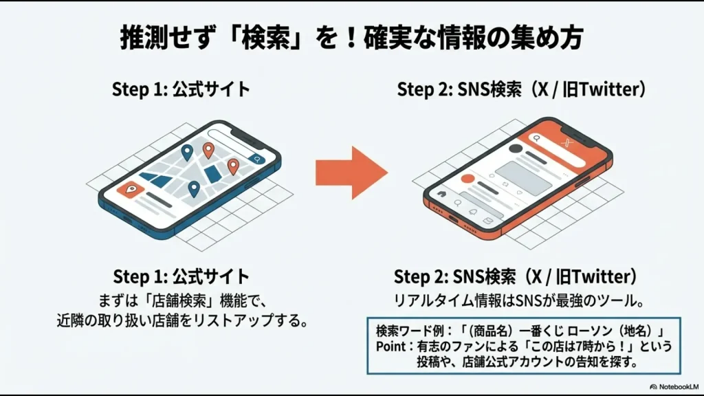 公式サイトの店舗検索とSNS（X）のリアルタイム情報を活用した、一番くじ販売店舗と時間の探し方