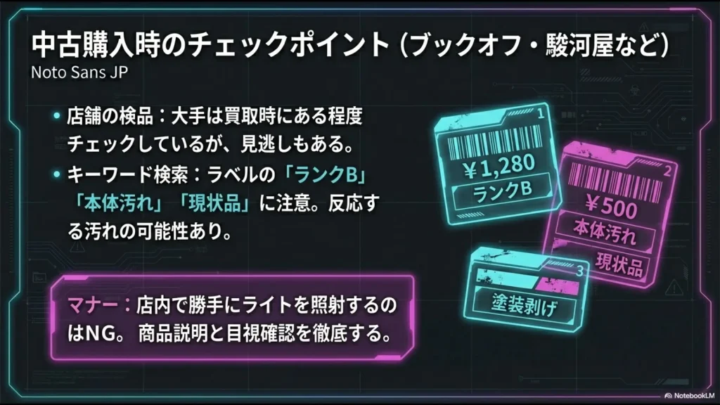 「ランクB」「本体汚れ」「現状品」などのラベル例と、店内で勝手にライトを照らすのはNGというマナー啓発