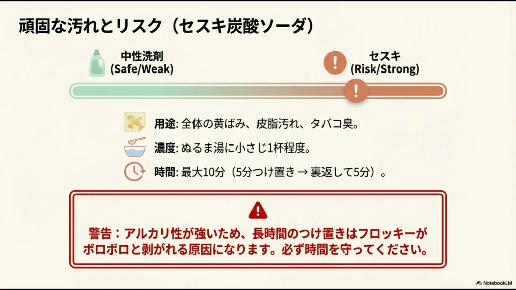 セスキは皮脂汚れに強い反面、つけ置き時間を誤ると剥がれの原因になるリスクを解説したスライド