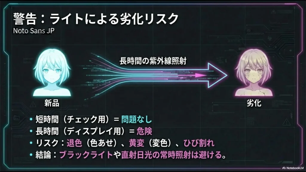新品と紫外線劣化したフィギュアの比較イメージ。退色、黄変、ひび割れのリスクを警告。
