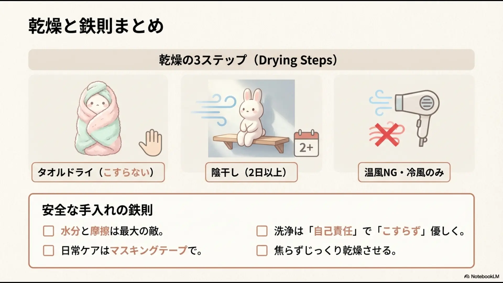 タオルドライ、2日以上の陰干し、冷風のみの使用といった乾燥ステップとケアの鉄則をまとめたまとめスライド