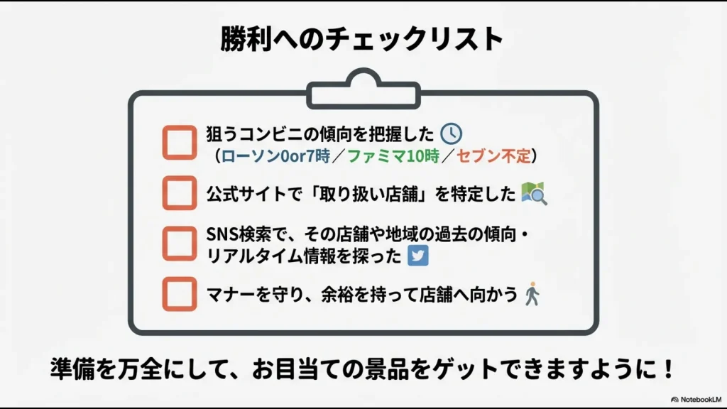 コンビニの傾向把握、店舗特定、SNS確認など、一番くじを確実に引くための準備項目をまとめたチェックリスト