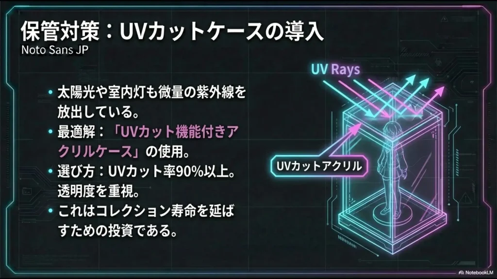 UVカットアクリルケースが太陽光や室内灯を遮るイメージ。UVカット率90%以上を推奨。