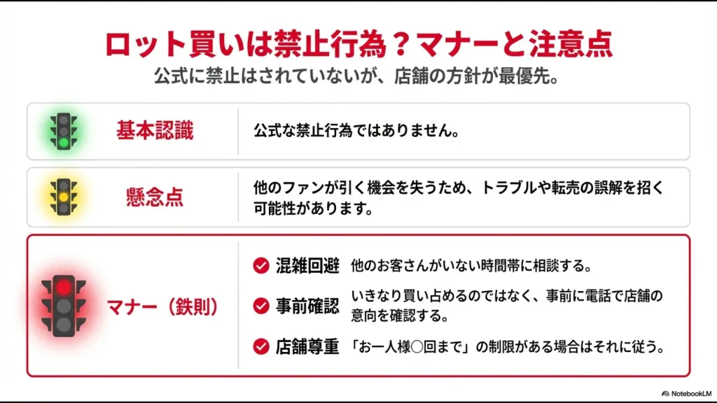 ロット買いは禁止ではないが店舗方針が最優先であること、事前確認や混雑回避などのマナーについての解説