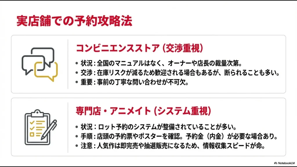 コンビニでの交渉のコツと、アニメイトなどの専門店でのシステム的な予約方法の違い