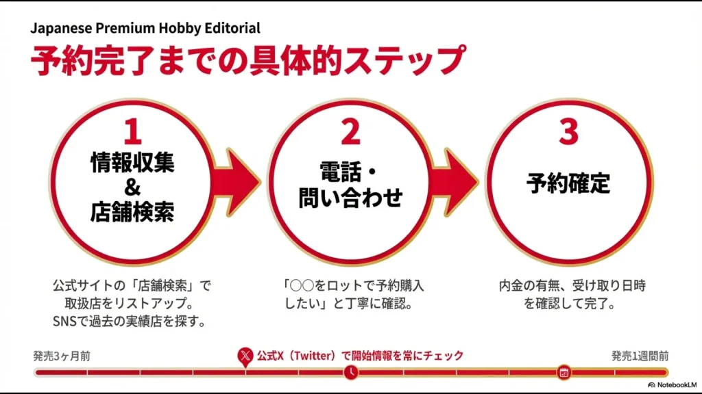 公式サイトでの店舗検索、電話での問い合わせ、予約確定までの3つのステップとスケジュールの流れ