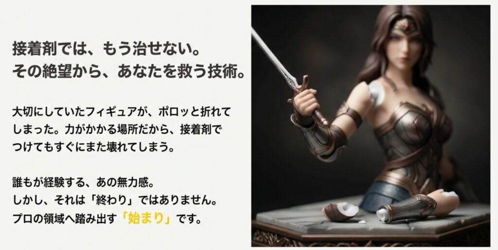 腕が折れたフィギュアと接着剤では直せない絶望感を表すイメージ画像