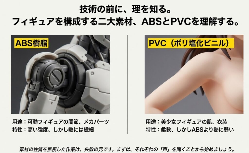 可動パーツに使われるABSと肌・衣装に使われるPVCの用途と特性の比較表