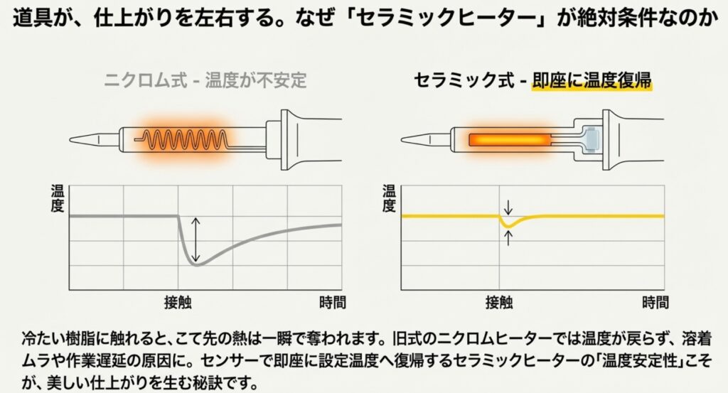 接触時に温度が落ちるニクロム式と即座に復帰するセラミック式の温度推移グラフ