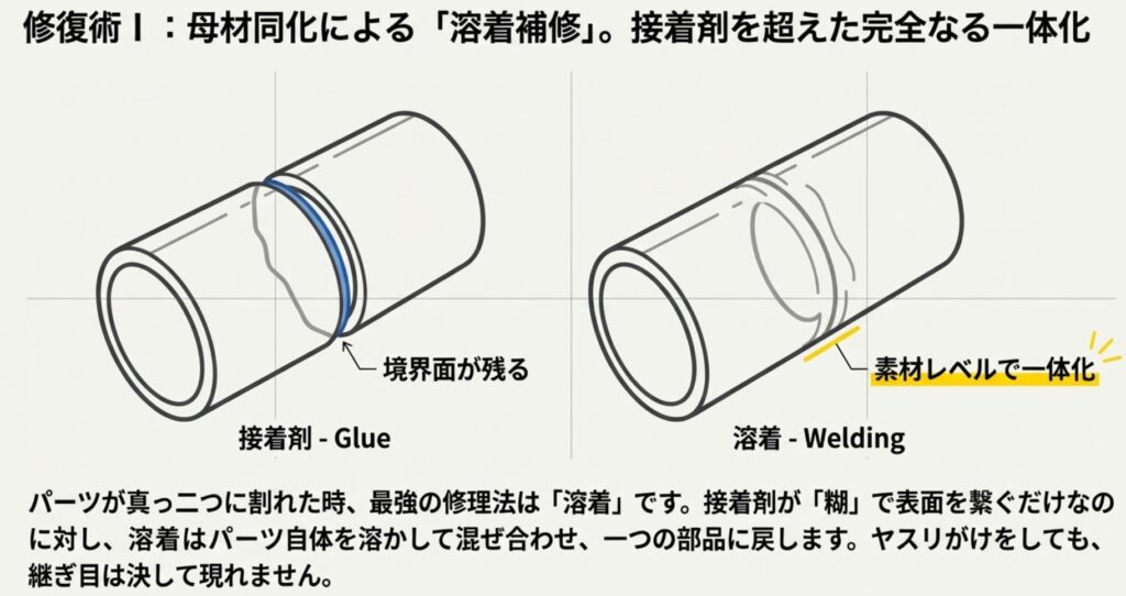 境界面が残る接着剤と、素材レベルで一体化する溶着の構造比較図