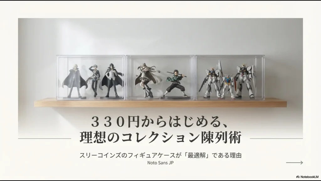330円からはじめる、理想のコレクション陳列術。スリーコインズのケースに並んだフィギュアのイメージ画像。