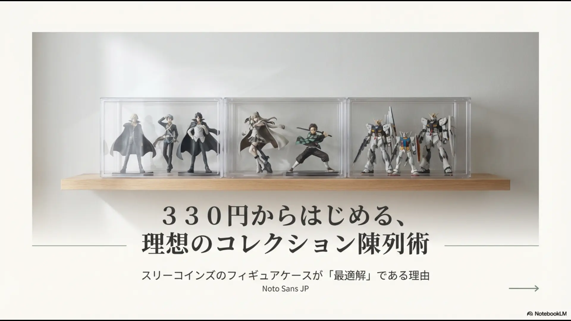 330円からはじめる、理想のコレクション陳列術。スリーコインズのケースに並んだフィギュアのイメージ画像。