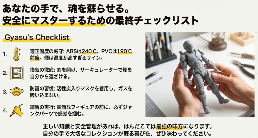 温度厳守、換気、防護、練習の4項目をまとめた最終チェックリスト