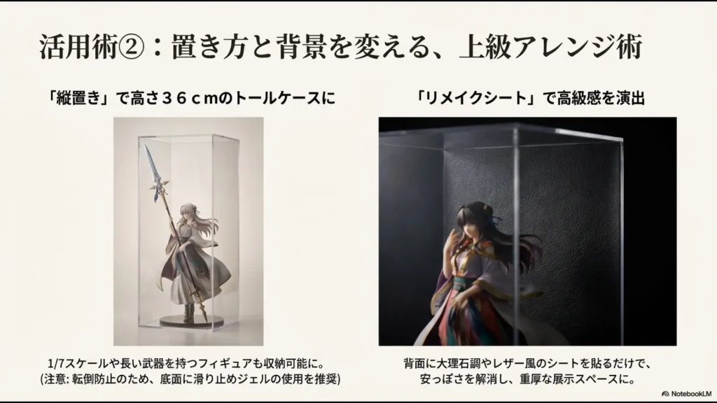 縦置きで高さ36cmのトールケース化し、背面にリメイクシートを貼って高級感を演出したフィギュア展示例。