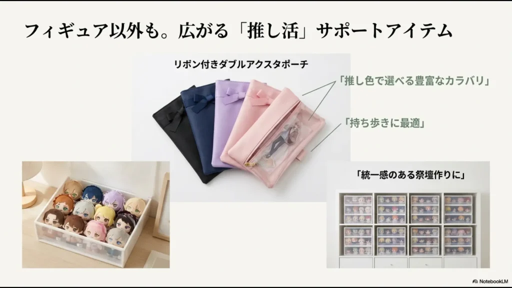 カラバリ豊富なリボン付きダブルアクスタポーチと、ぬいぐるみを並べて収納した統一感のある祭壇のイメージ。