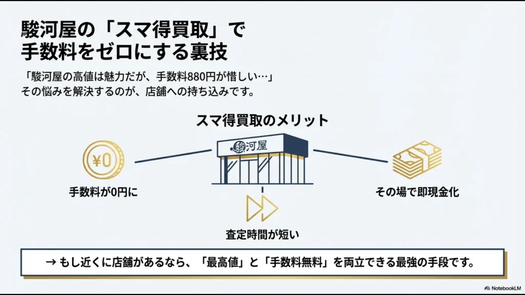 駿河屋の店舗持ち込みサービス「スマ得買取」のメリット（手数料0円、即現金化、査定時間が短い）をまとめた図解。