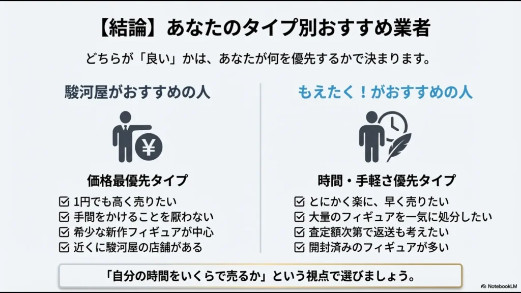 価格最優先の駿河屋タイプと、手軽さ優先のもえたく！タイプに分け、それぞれの特徴とおすすめの人を整理した結論スライド。