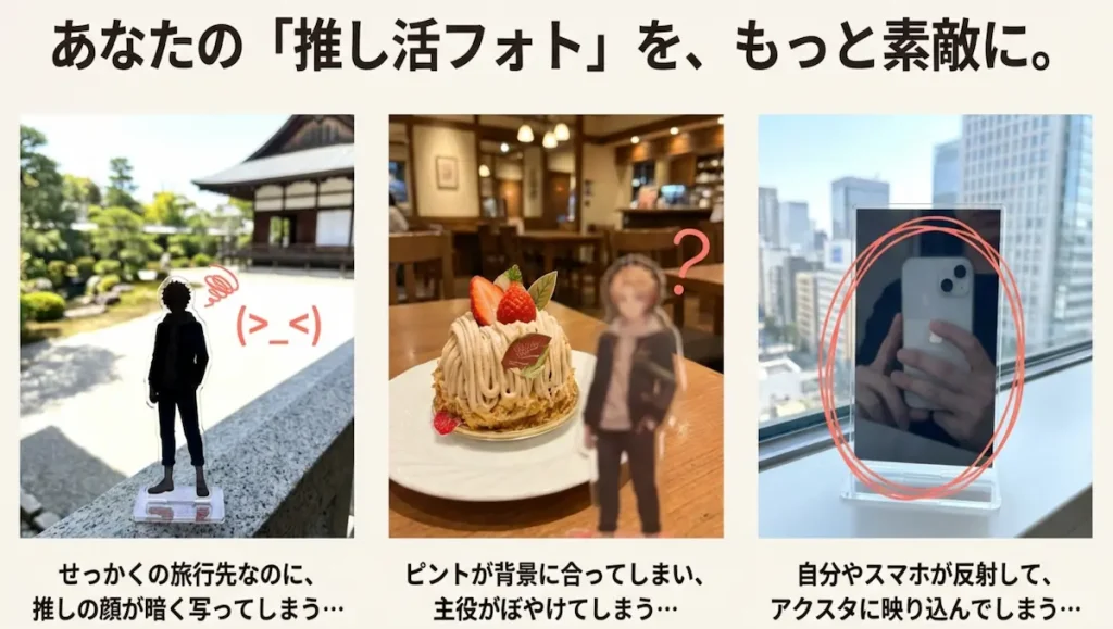 アクスタ撮影での失敗例（顔が暗い、ピントが背景に合う、反射の映り込み）を紹介するスライド。