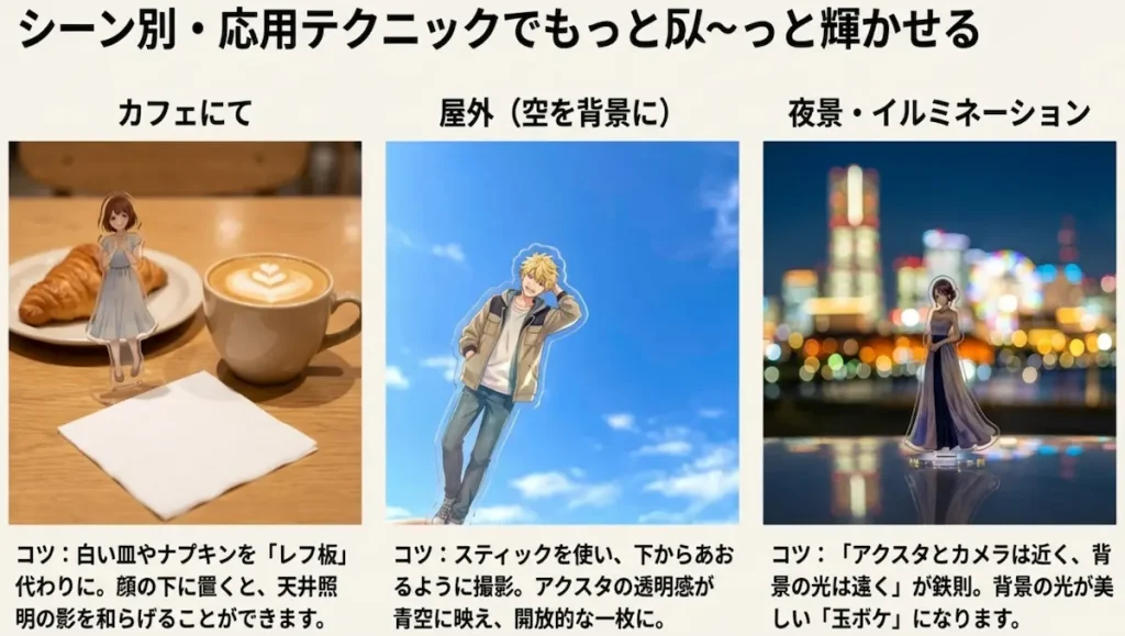 カフェでのレフ板活用、屋外での空抜け撮影、夜景での玉ボケを作るコツのまとめ。