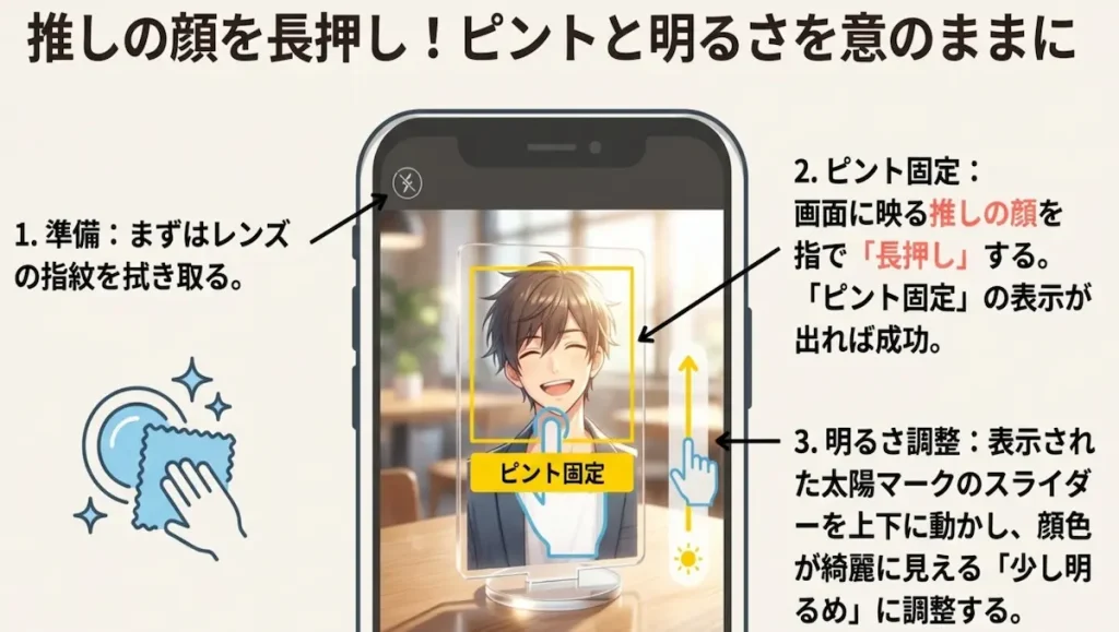 スマホ画面で推しの顔を長押ししてピント固定し、太陽マークで明るさを調整する方法の図解。