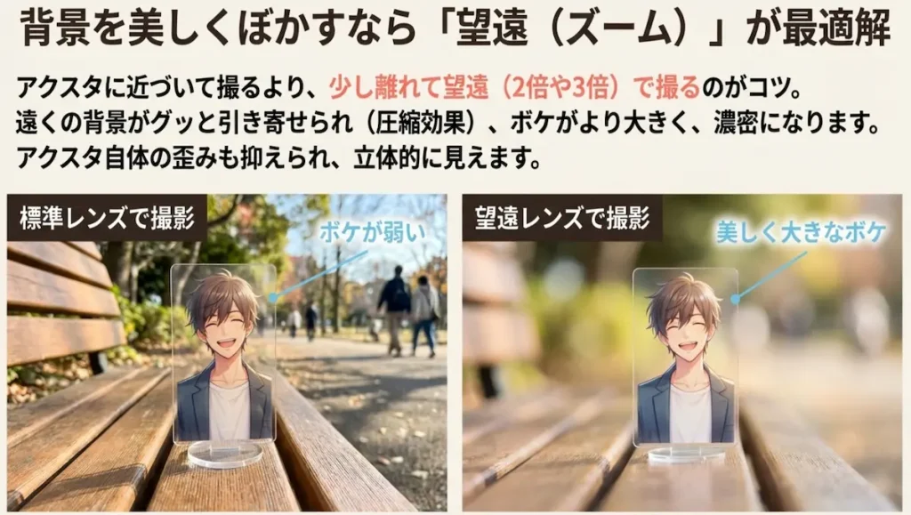 標準レンズと望遠レンズでの背景ボケの比較。望遠（ズーム）を使うことで大きなボケが生まれる解説。