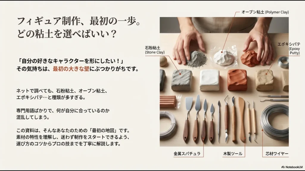 フィギュア制作の最初の一歩として、粘土選びや道具の基礎を解説するスライドの表紙。