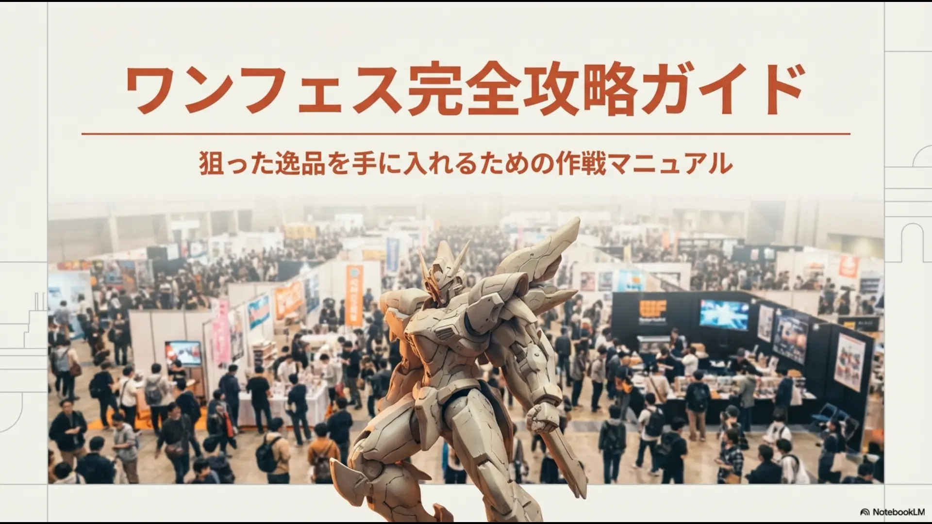 ワンダーフェスティバル会場の様子と、中央に配置されたメカフィギュアの造形作品。