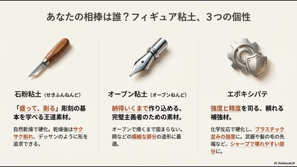 石粉粘土、オーブン粘土、エポキシパテのそれぞれの特徴を簡潔にまとめた比較スライド。