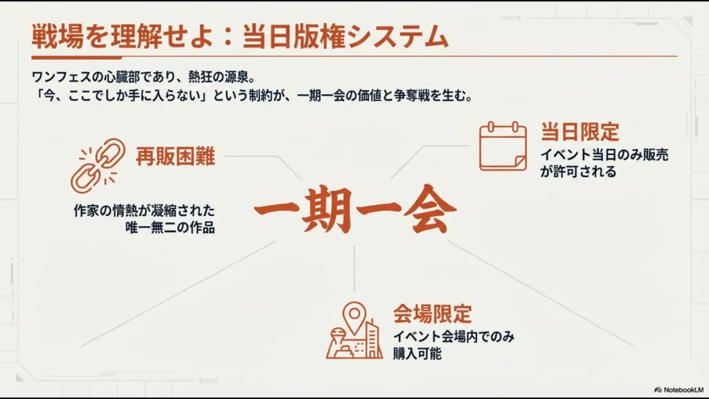 当日版権システムを説明するスライド。「一期一会」を中心に、再販困難、当日限定、会場限定といった特徴が解説されている。