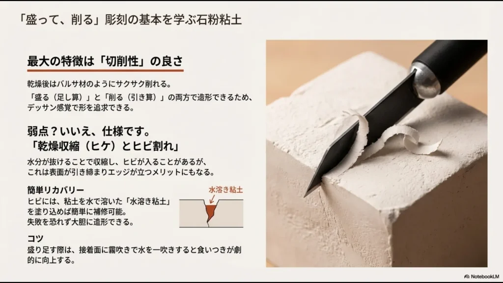 石粉粘土をデザインナイフで削っている様子と、乾燥収縮やヒビ割れの補修方法を解説したスライド。