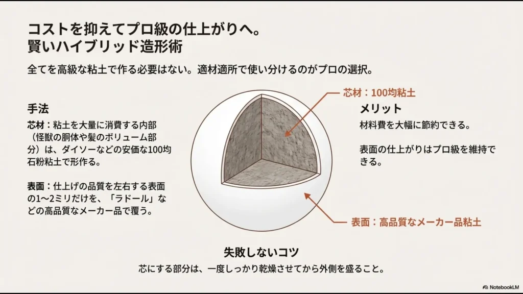内部の芯材に100均粘土を使い、表面1〜2ミリを高品質なメーカー品で覆う手法を説明した図解スライド。