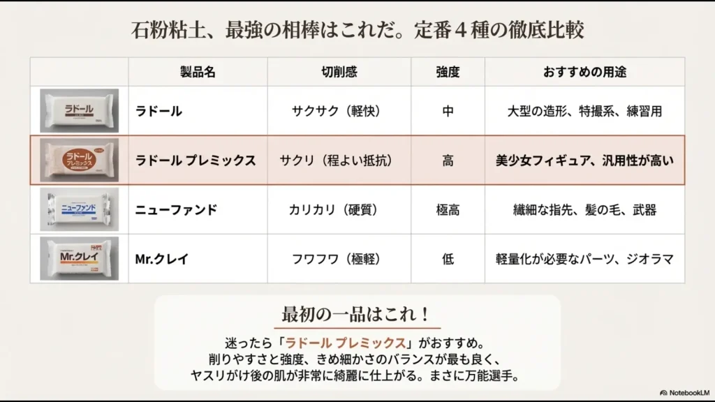 ラドール、ラドールプレミックス、ニューファンド、Mr.クレイの切削感と強度を比較した表形式のスライド。